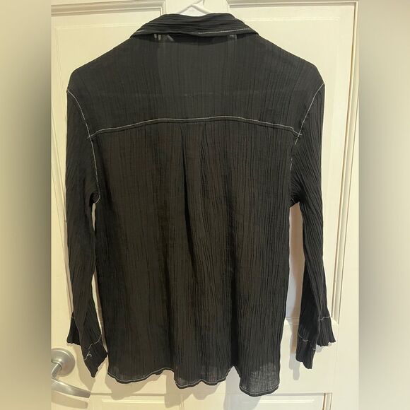 Zara Black and White Contrast Stitch Button Up Collared Crinkled Blouse Small - Picture 2 of 6
